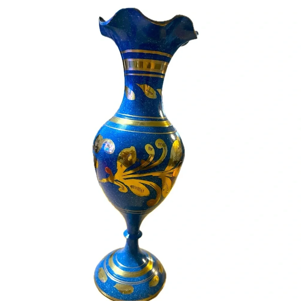 Vintage Blue Enameled Brass Bud Vase w/ etched florals and ruffled opening